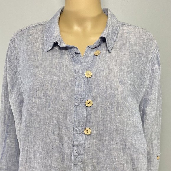 Sigrid Olsen Pullover Tunic Top Size 1X Blue 100% Linen Chambray Roll Tab Sleeve - Picture 3 of 10